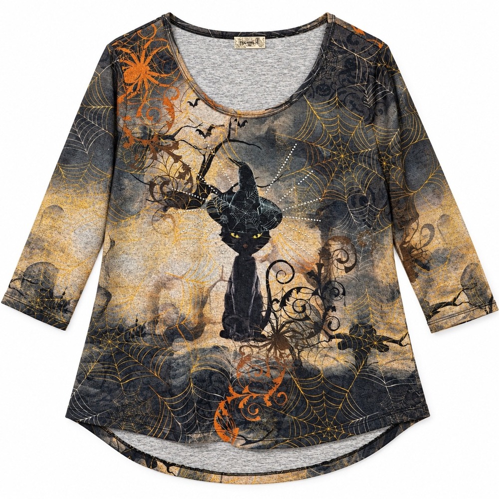 One World Halloween Black Cat Witch Top Womens XL Grey Spider Web Rhinestones